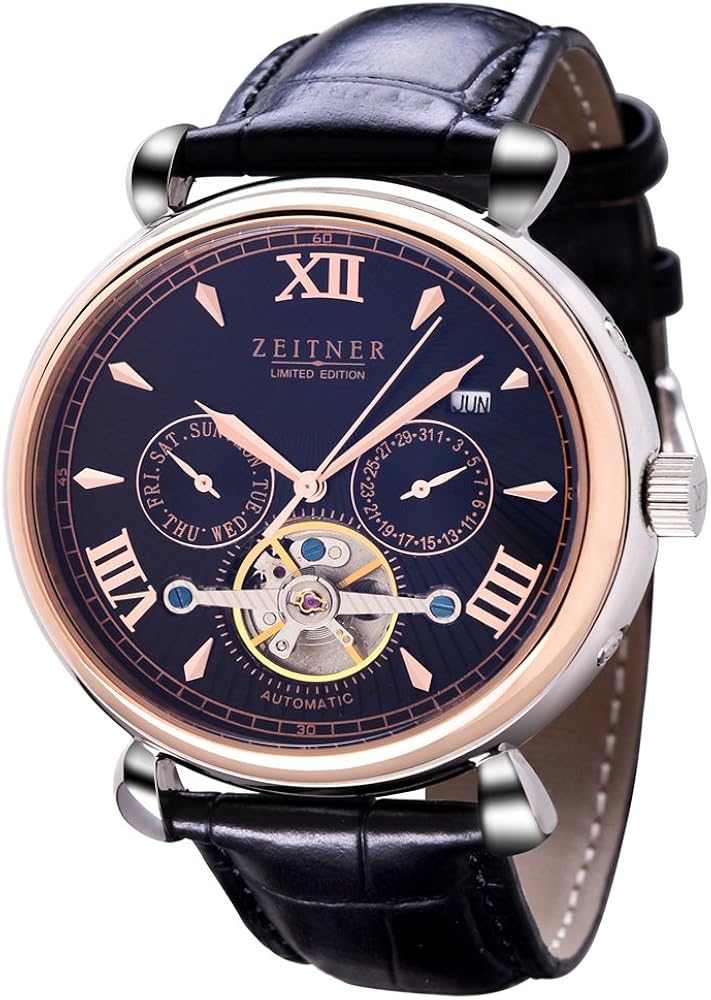 Zeitner Mens Limited Edition Autodate Wrist Watch Leather Strap Black