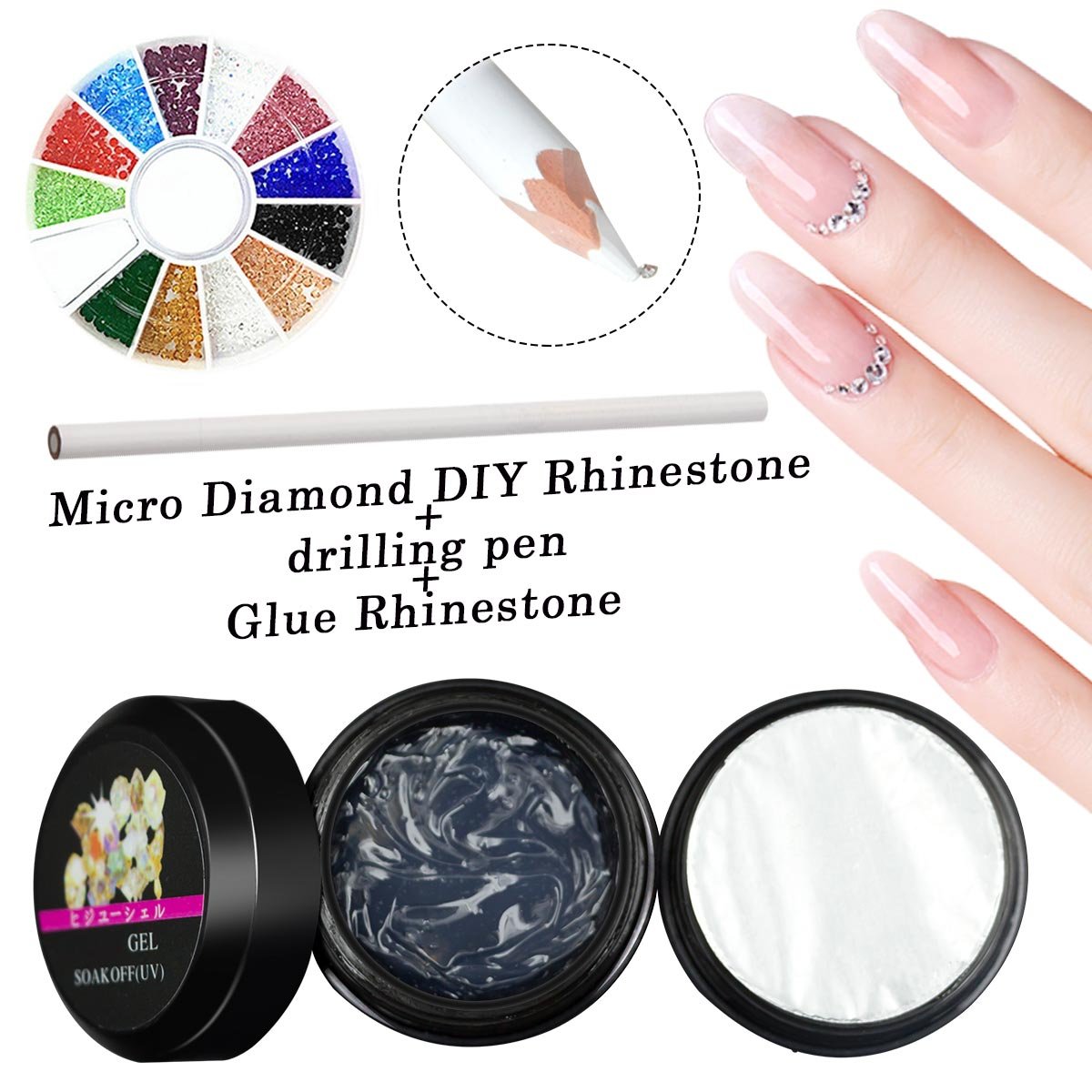 Nail Art Rhinestones Set, Saviland Glitter Micro Diamond Gems+ Wax Pencil+ Nail Glue, Nail Art Decoration Manicure Sets
