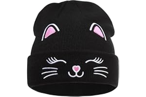 POP YOUR DREAM Kids Gils Cat Beanies Cute Embroidery Hats Winter Knitted Hat Unisex Skull Cuffed Skiing Caps Hats 7-12 Years