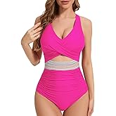 Zaverse Women's One Piece Swimsuits Color Block High Waisted Cutout Bathing Suit Tummy Control V Neck Wrap Tie Back Swimsuit