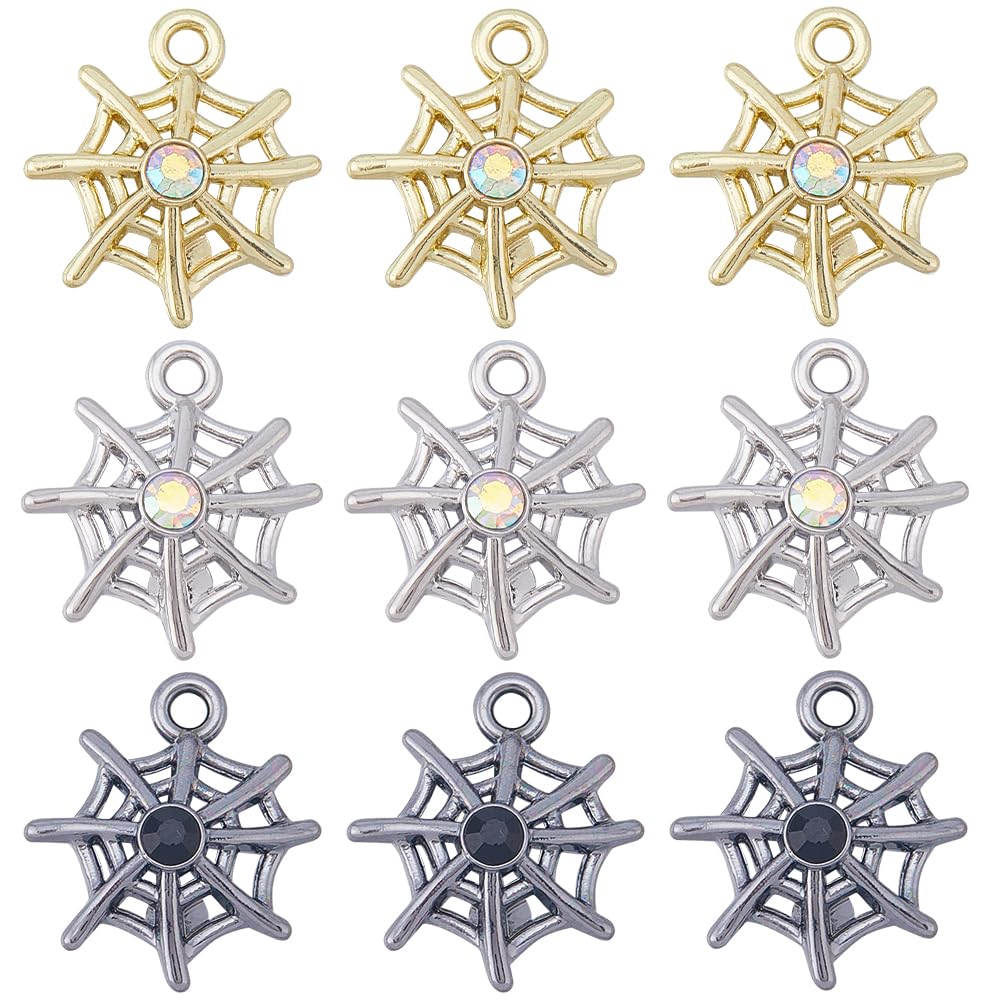 SUNNYCLUE 1 Box 30Pcs Halloween Charms Bulk Spider Web Charm Rhinestone Glass Beads Golden Silver Alloy Insect Spider Charms for jewellery Making Charms Women DIY Necklace Earrings Crafts Supplies