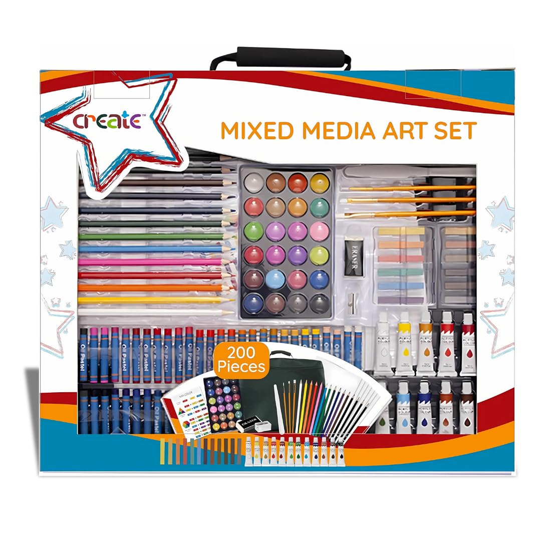 Create Complete Art Set 200 Piece with Carry Bag | Mixed Media Set Including; Canvas, Paints, Brushes, Carrying Bag and Accessories