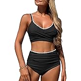 ZAFUL High Waisted Bikini Sets for Women Twist Front Ruched Color Block Two Piece Swimsuits Tummy Control Bathing Suit