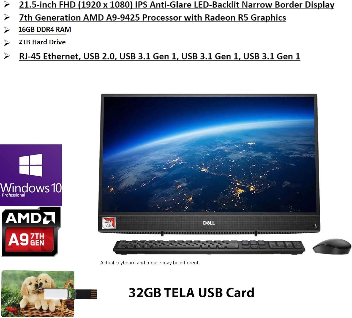 2020 Newest Dell Inspiron All-in-One Desktop 21.5" FHD Display AMD A9-9425, 16GB RAM, 2TB HDD HDMI Multi-Card Reader Wireless-AC Bluetooth Wired Keyboard&Mouse Win 10 Pro | 32GB Tela USB Card