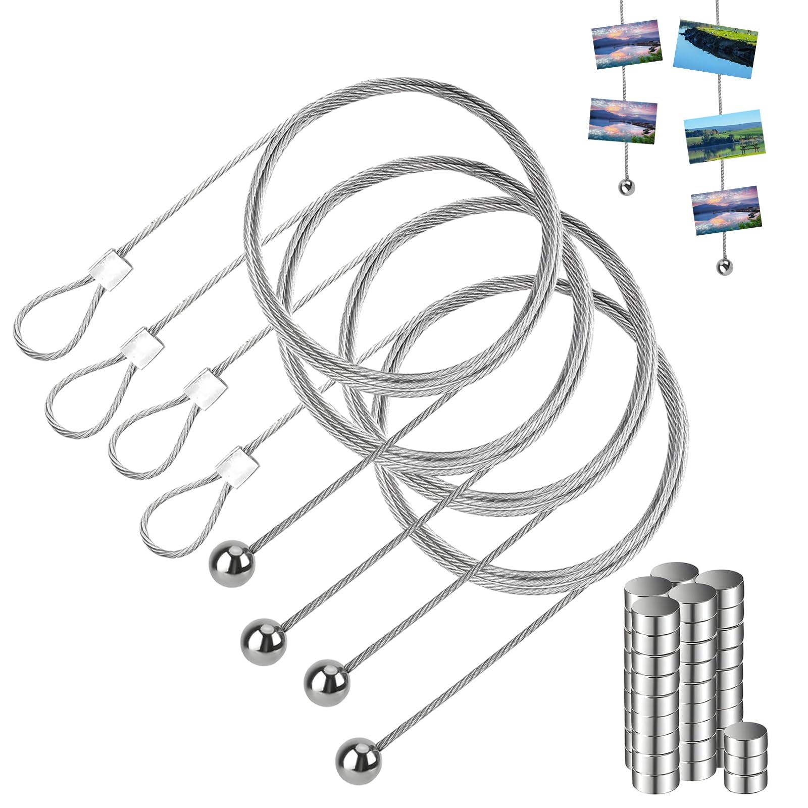 Photo Wire Rope, Pack of 4 Photo Wire with Magnets, 48 Button Magnets Photo Rope Stainless Steel Wire Rope Picture Hanging Rope Photo Rope with for Hanging Photo Postcards (2 m x 1.5 mm)