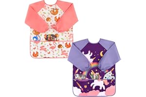 Oiomniv Kids Painting Smock, Waterproof Long Sleeve Art Apron with 3 Pockets for Ages 3-8, Washable Craft Smock
