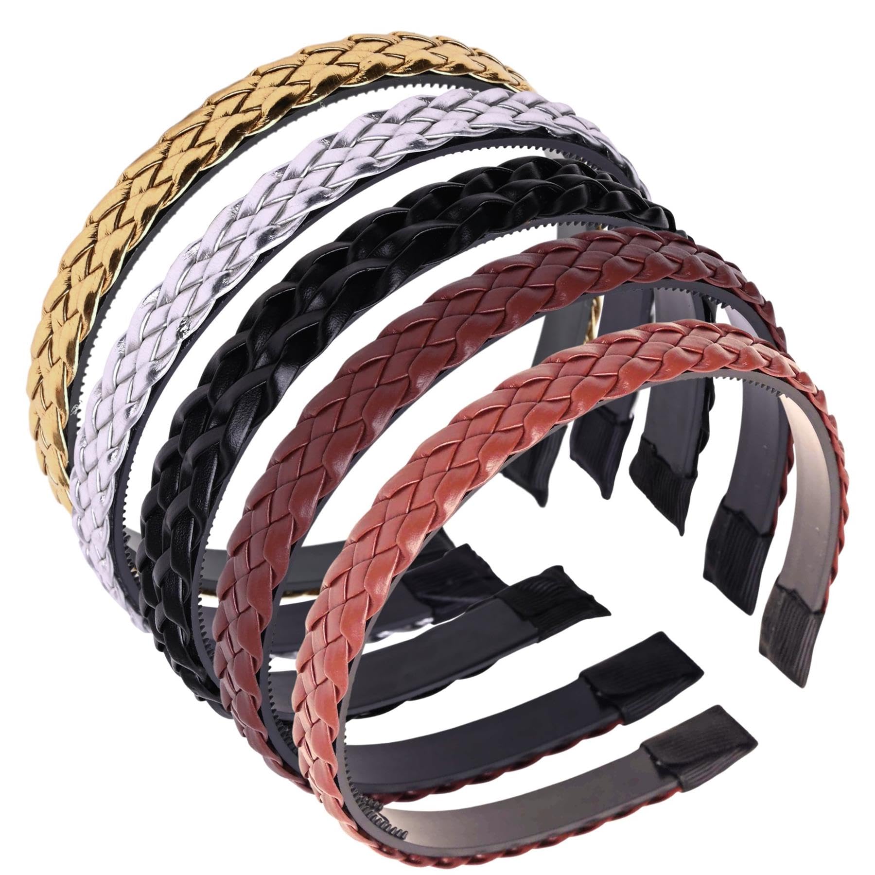 Basic Sense Leather Braided Headbands for Women & Teens PU Plaited Aliceband, Hairband - 2pcs, Tan