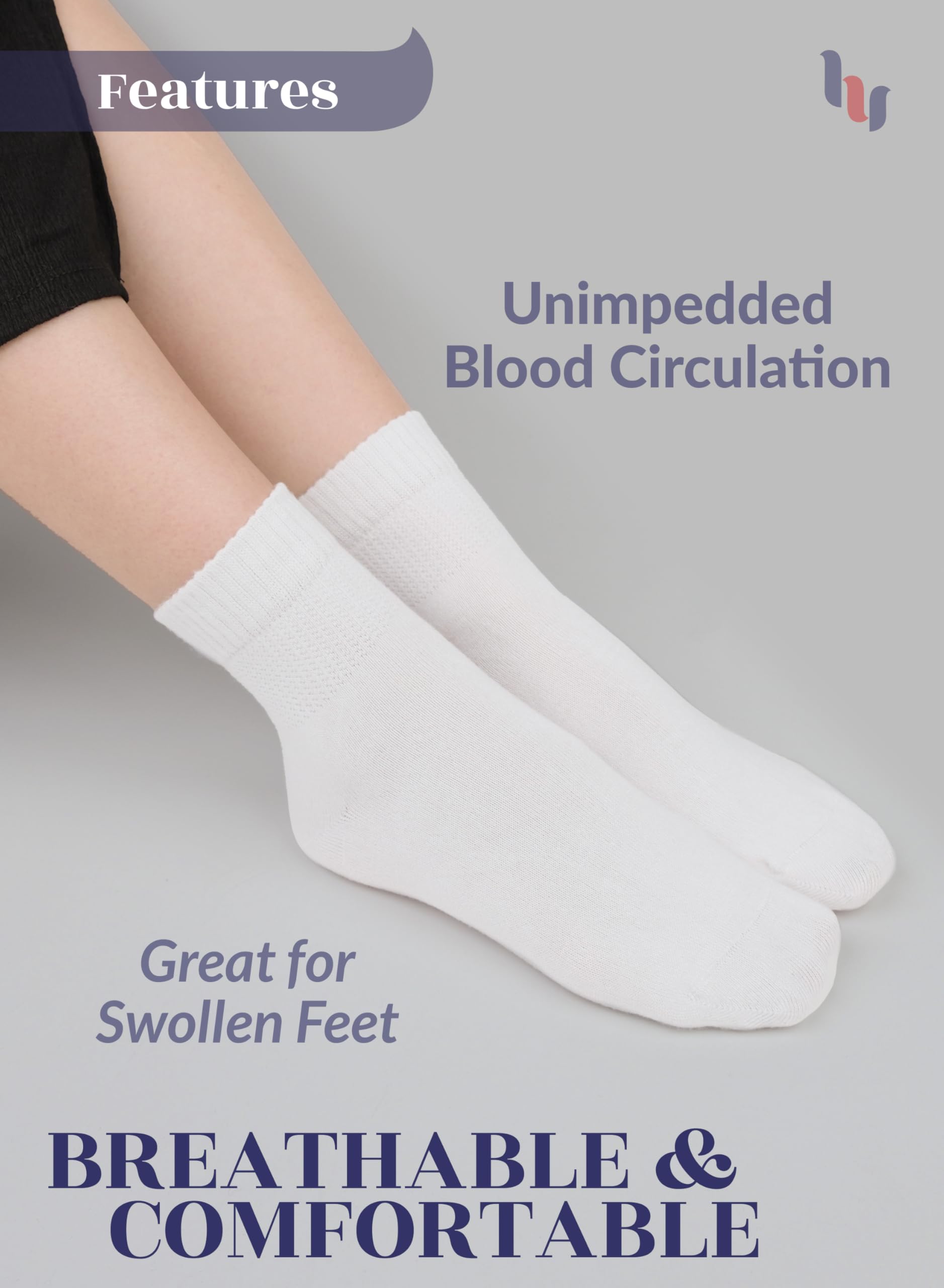 Hugh Ugoli Diabetic Socks for Women, Extremely Soft, Rayon derived from Bamboo, Ankle, Thin, Wide, Loose, Non-Binding Top