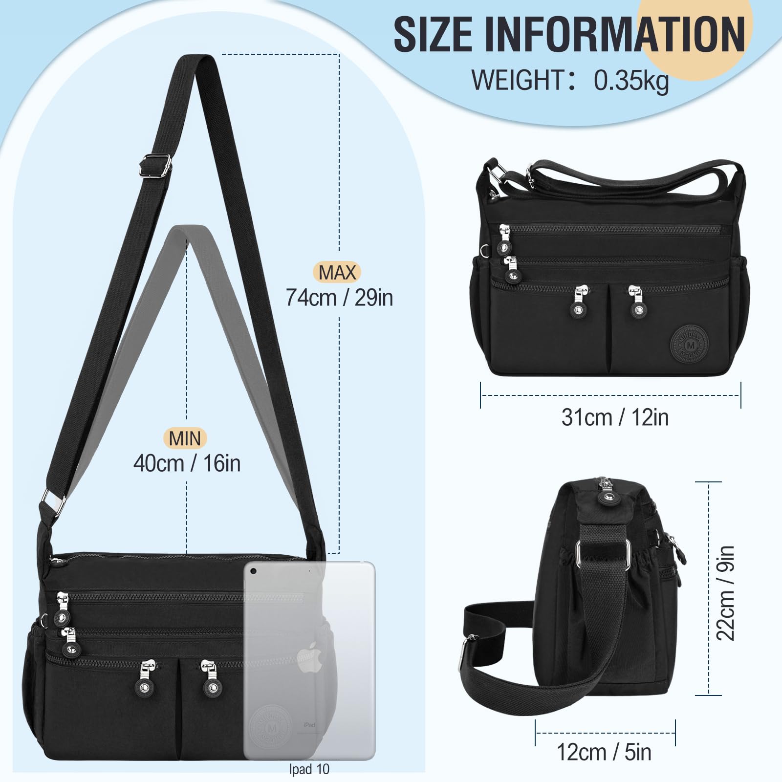 TEUEN Crossbody Bag Women's Large Capacity Waterproof Nylon Shoulder Bag Women's Medium Casual Handbag & Lightweight Shoulder Bag Large Messenger Bag with Many Compartments, black, Minimal