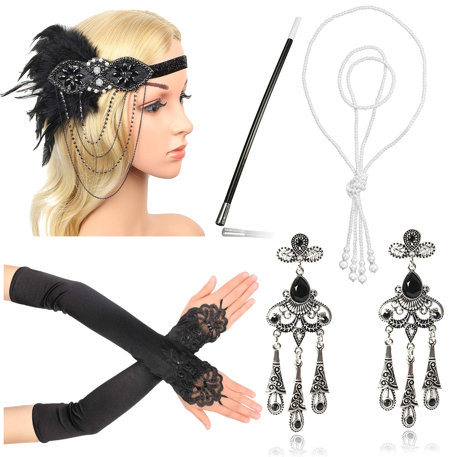 Zigarettenspitze Great Gatsby Zubeh/&ouml;r f/&uuml;r Frauen Beelittle 1922er Jahre Zubeh/&ouml;r Set Flapper Stirnband Halskette Handschuhe