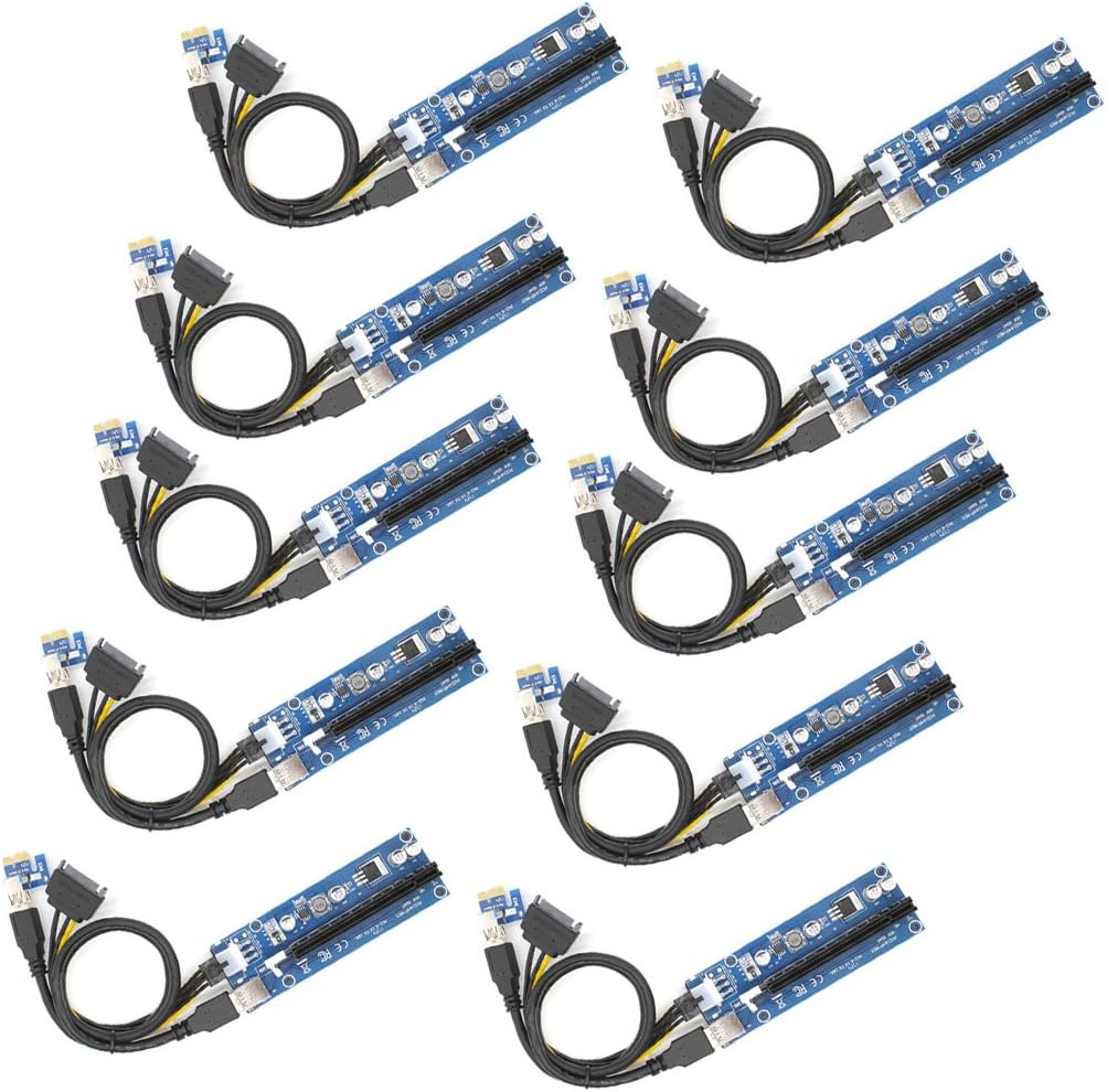 YIKESHU PCIE Riser, 10-PCS PCI-E 16X 8X 4X 1X Powered Riser Adapter Card for Bitcoin Litecoin 60cm USB 3.0 Extension Cable&6-Pin PCI-E to SATA Power Cable-GPU Riser Adapter-Ethereum Mining ETH