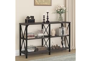 IBF Console Sofa Table, Industrial Metal Wood Entryway Table, Modern Hallway Foyer Table Behind Couch Table, 3 Tier Entry Table with Storage Shelves for Living Room Bedroom, Dark Gray Oak, 55 Inch