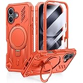 FNTCASE for iPhone 16 Phone Case: Magnetic Phone Cases with [Ring Kickstand] [Built-in Screen Protector] [Heavy Duty Military Grade Protection] Shockproof Rugged Protective Cell Phone Cover Orange