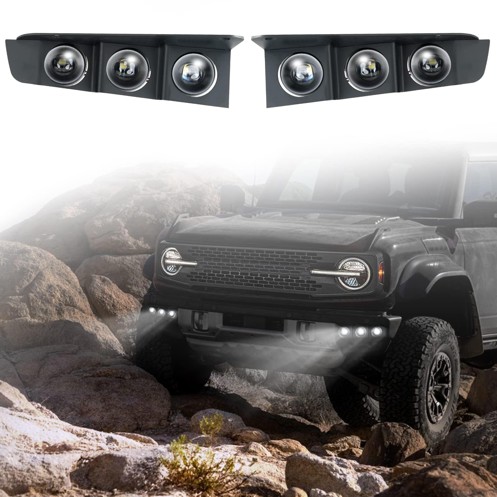 Photo 1 of LitMiRaCle Iron LED Fog Light Assemblies for for Ford Bronco 2021-2023 2/4 Doors, Front Lower Modular Bumper Fog Lamps with DRL for Bronco Accessories, White Light, 2PCS