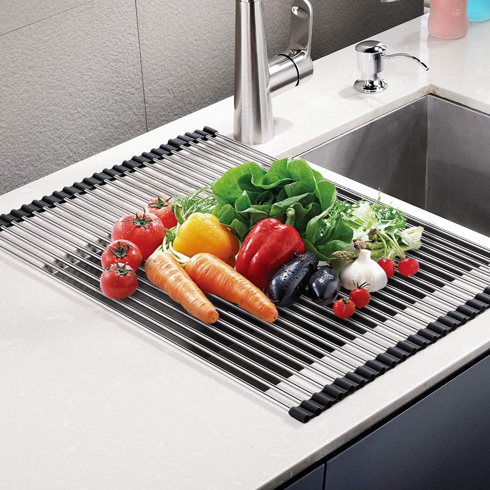 Over Sink Dish Rack Roll Up Dish Drainer, Stainless Steel Sink Dish Rack or Kitchen Sink Counter 17.3×15 Inches, Black