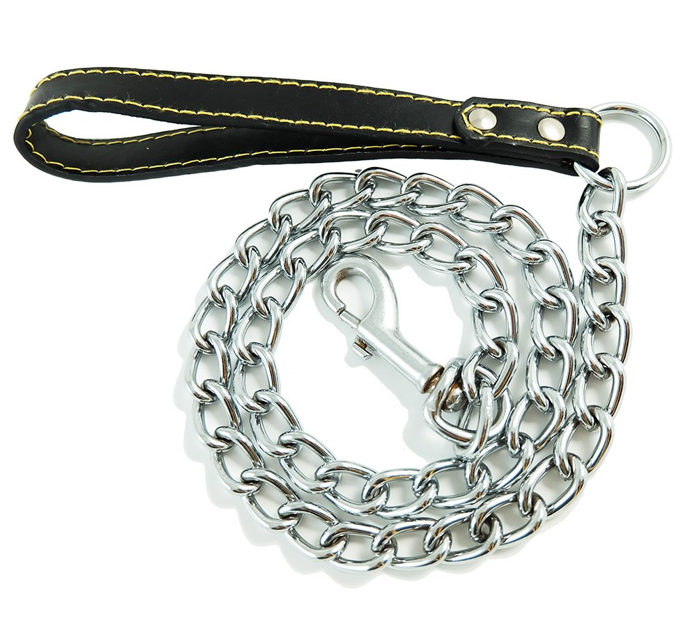 BPS® BPS-2763NE Metal Chain for Dogs with Handle Control for Walking the Dog, Dog Leash with Leather Cuff and Chain 4 Colours 3 Sizes to Choose From (3 mm x 100 cm, Black)