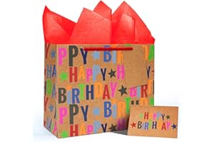 LaRibbons 13" Large Kraft Birthday Gift Bag with Tissue Paper and Greeting Card, Colorful Text Happy Birthday and Stars Design, Perfect for Boys, Girls, Kids, Men