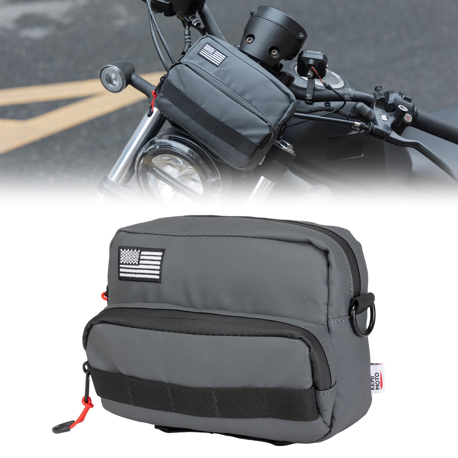 KEMIMOTO Motorcycle Handlebar Bag Universal Motorcycle Tool Bag Bicycle Bar Bag, Front Fork Storage Accessory, Sissy Bar Bag Compatible with Cruiser Softail Dyna Sportsters (Grey Carbon Fabric) Image