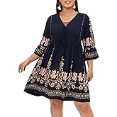 Women's Plus Size Boho Dress Floral V Neck Tassel Bell Sleeve Casual Summer Beach Flowy Mini Dress