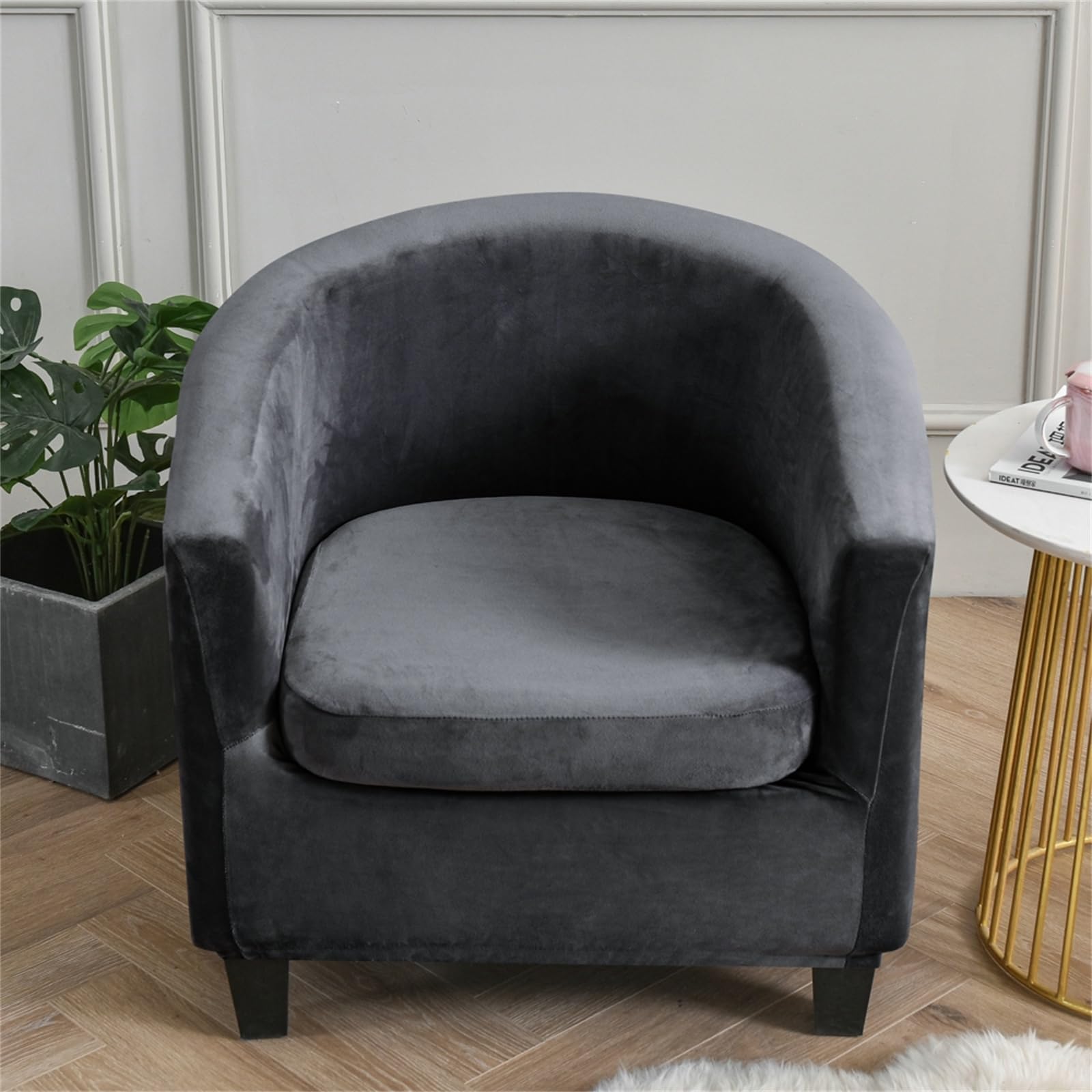 Tub Chair Covers 2 Piece Set - Soft Velvet Tub Chair Cover 2 IN 1 Design Removable Bucket Chair Covers Stretch Armchair Covers with Cushion Cover for Dining Living Room Office Reception (Dark Grey)