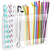 Acrylic Straw Holder for Cabinet Door with Adhesive and Stickers, Straws Organizer Tumbler Storage for Kitchen Cupboard, Straw Dispenser for Counter, Transparent
