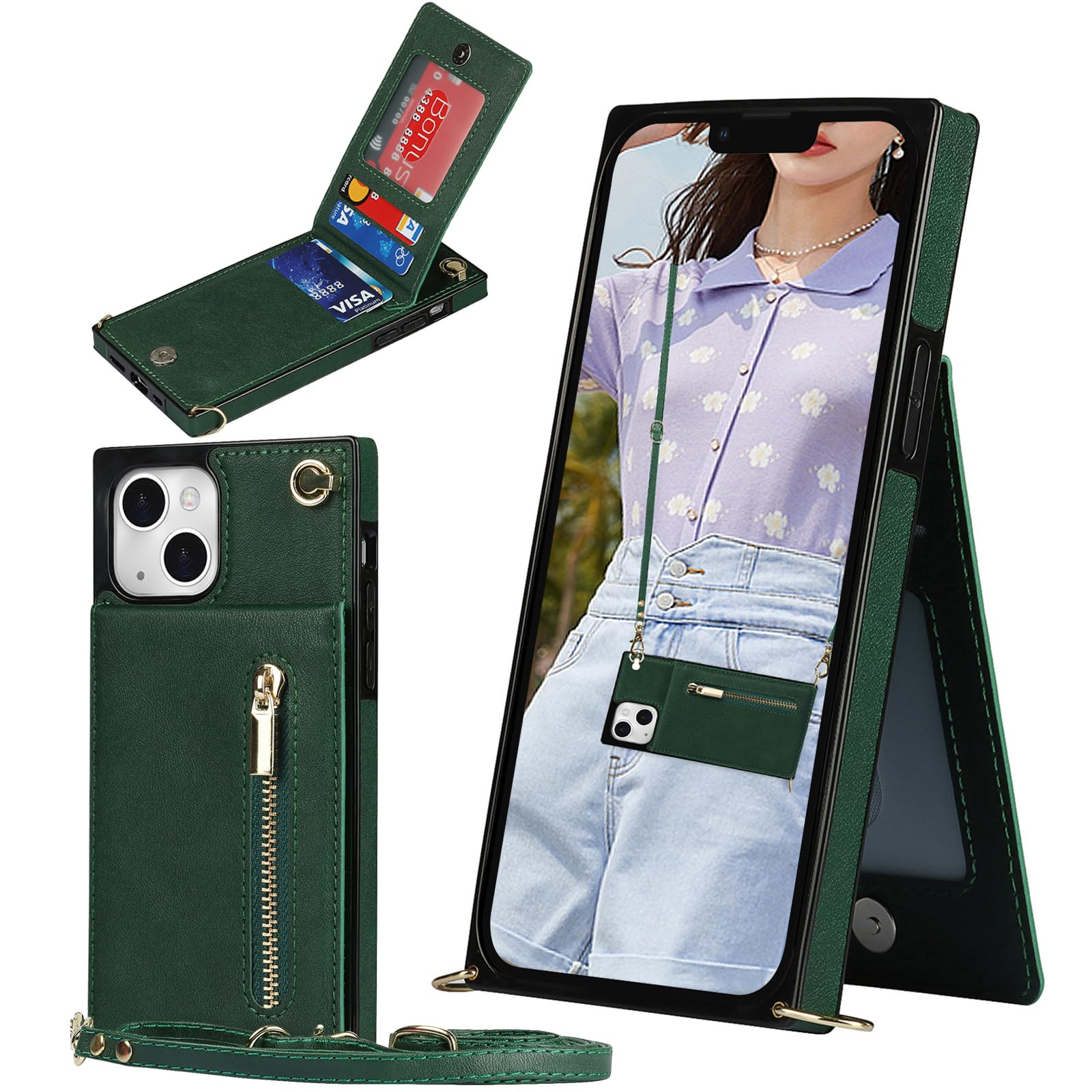 Ysnzaq Crossbody Wallet Case for iPhone 15 6.1", Flip Folio Lanyard Zipper for Women Girls with Card Holder Money Pocket Phone Case Cover for Apple/iPhone 15.XK Green