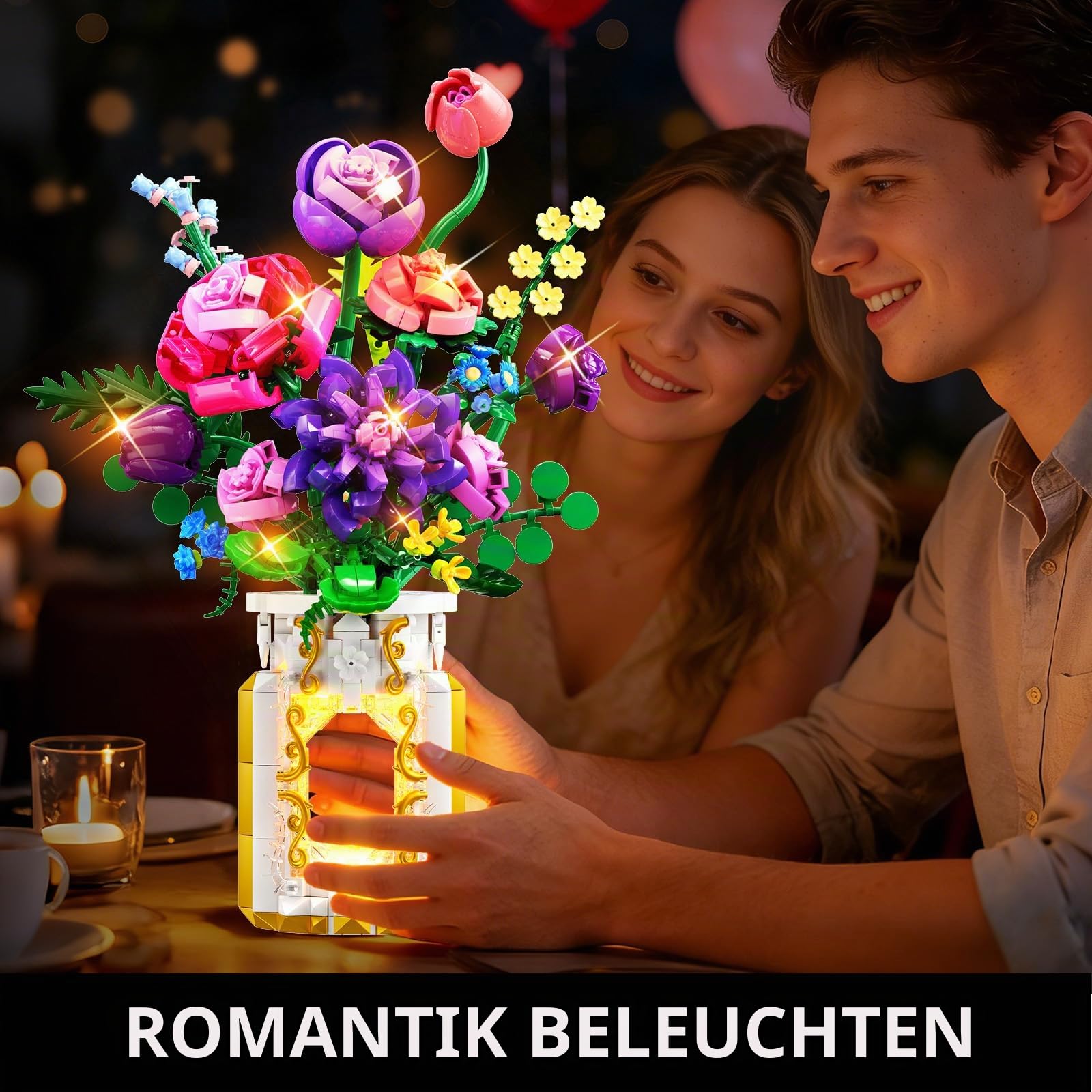 CUBIMANA Blumenstrauß-Bauset mit Vase & LED-Licht, 1093 Teile Botanische Sammlung Klemmbausteine, kreatives Geschenk für Frauen und Männer, künstliche Blumendekoration für Home und Zimmer 4