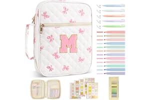 IQIMOTT Personalized Initial Bible Cover Case for Women Girls Kid - Large Quilted Bible Case with Handle, Stylish Chenille Letter Bag Study Supplies, Perfect Christmas Gifts for Christians Women (Pink Bow-M)