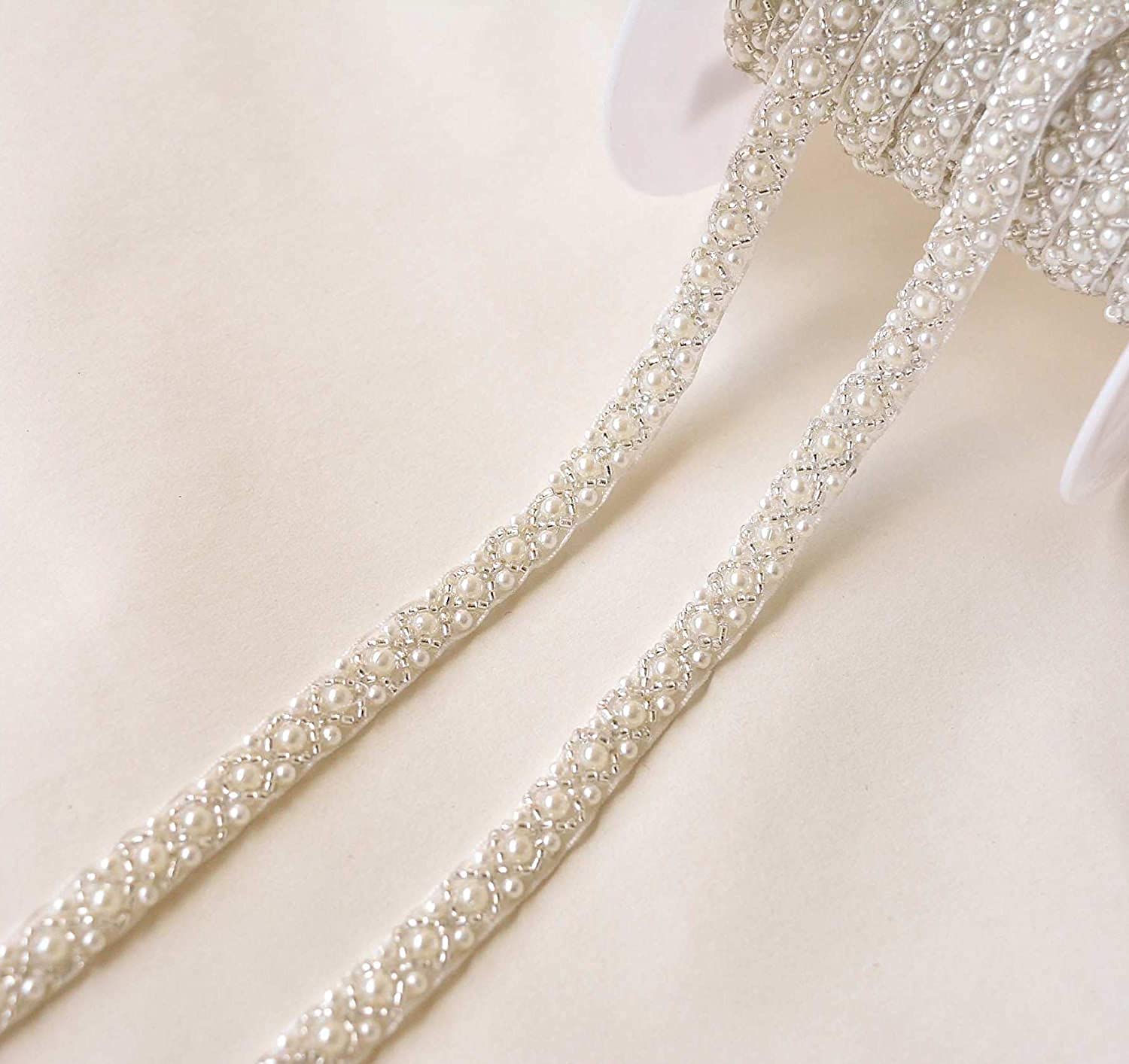 Selene Pearl Beaded Wedding Trim for Gowns, Bridal Sashes & Shoes - 2 Yards