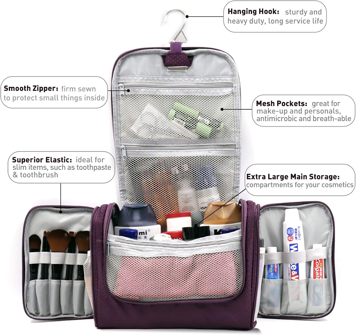 Extra Large Capacity Hanging Toiletry Bag for Men & Women, Portable Waterproof Bathroom Shower Bag, Lightweight Dopp kit Shaving Bag, Sturdy Metal Hook Organizer Makeup Bag (Purple): Clothing