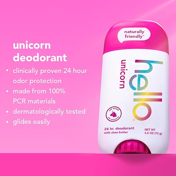 HELLO UNICORN DEODORANT, 24 HOUR ODOR PROTECTION, NO ALUMINUM + NO BAKING SODA, VEGAN & PARABENS FREE, 2.6 OZ