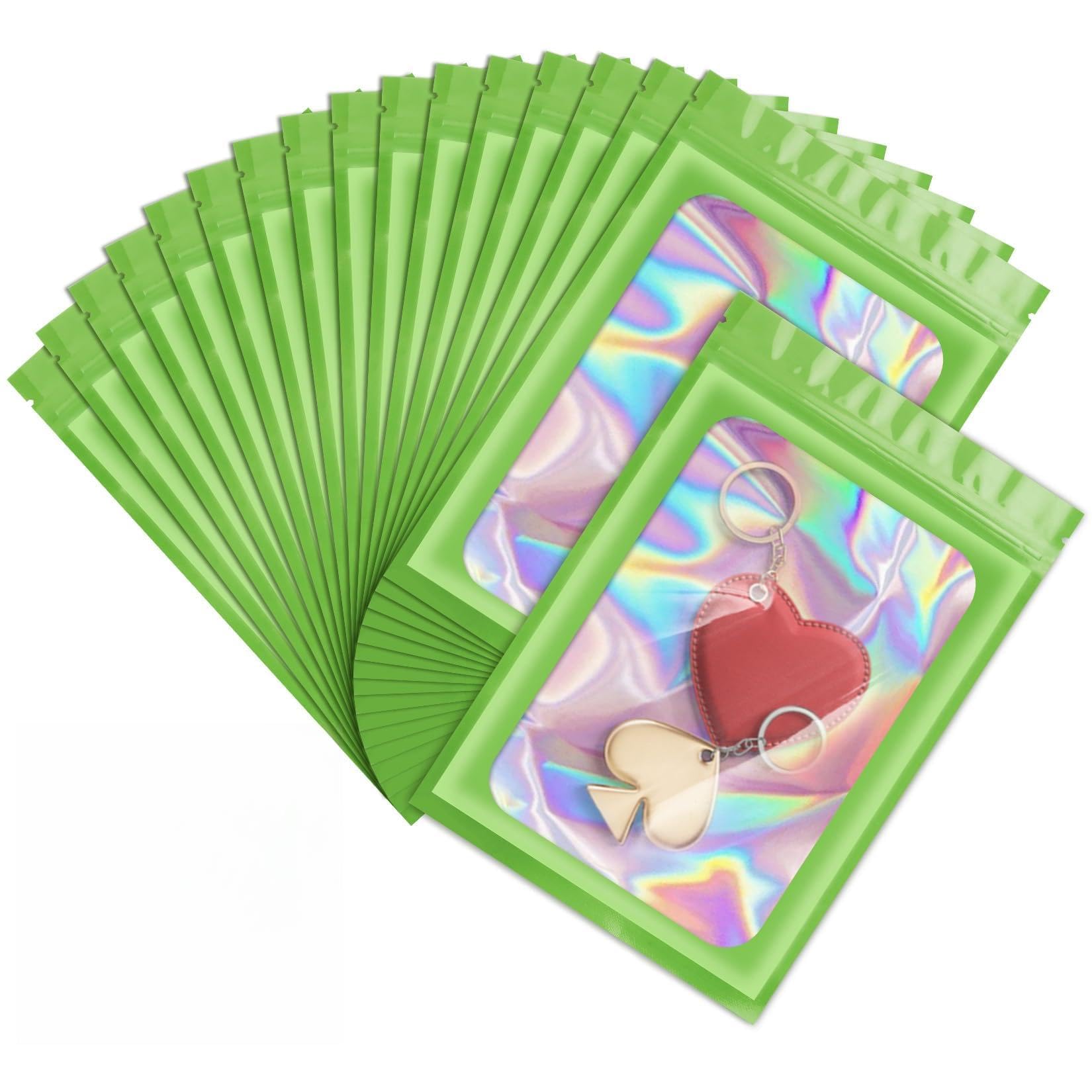 Photo 1 of 100 Pack Holographic Bags,Smell Proof Packaging Bags, Clear Window Resealable Odor Foil Pouch Mylar Bags for Food Storage and Lipgloss, Jewelry Lash(Green, 2.4 x 3.9 Inch)