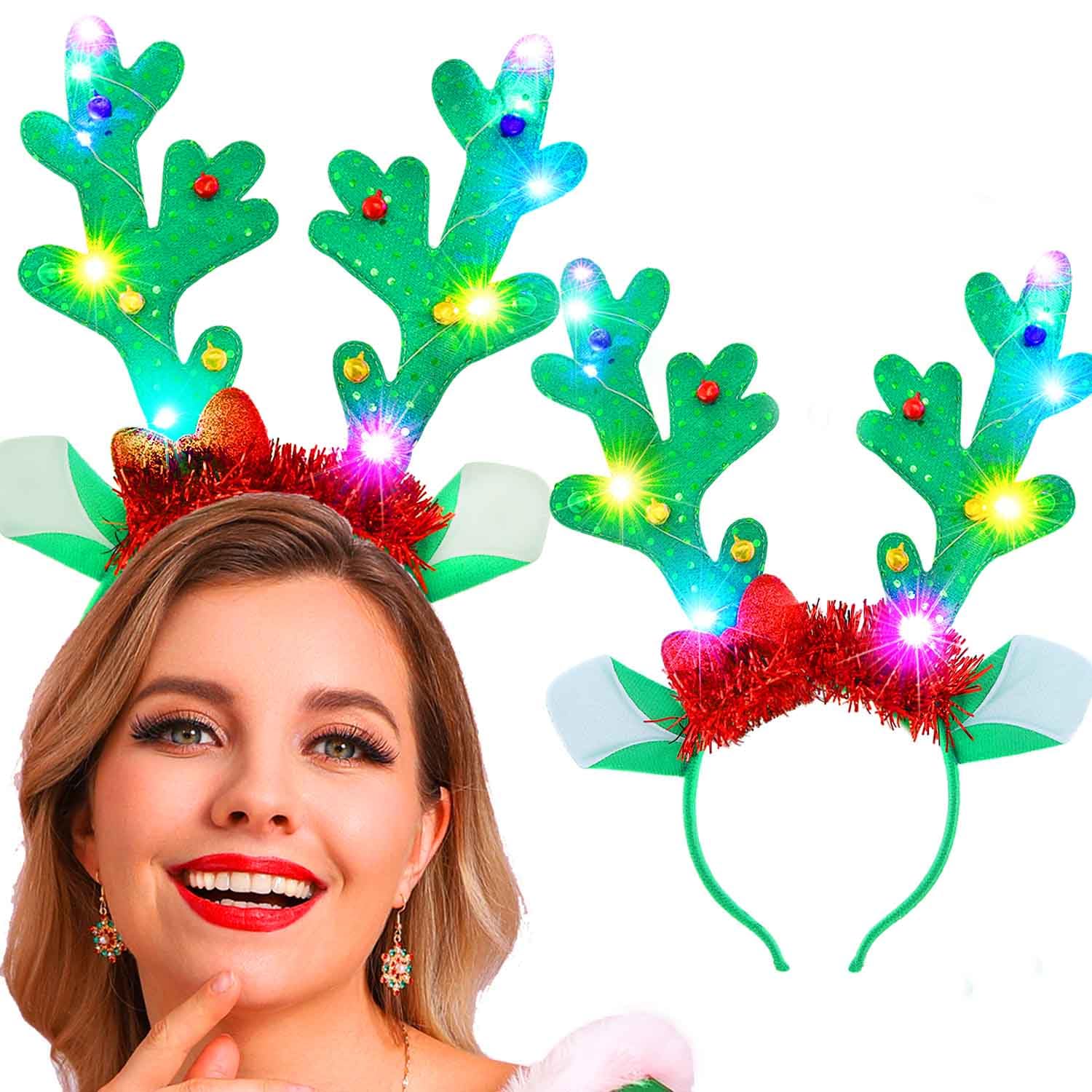 Fashband Christmas Reindeer Antlers Headbands Deer Antler Headband Light up Headpiece Hair Accessories Christmas Halloween Party Cosplay for Women and Girls (Green)