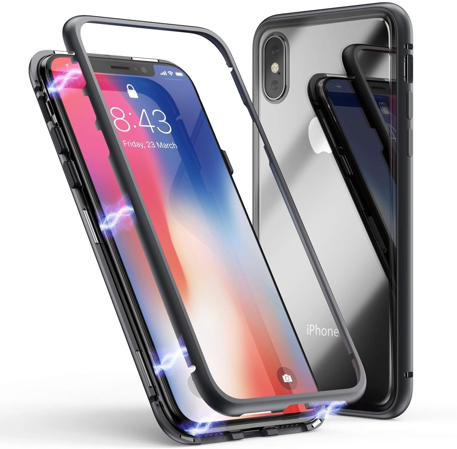 TOPTRS Magnetic Adsorption Cases for iPhone Xs MAX 6.5", Ultra Slim Shockproof Metal Frame Build-in Magnet + Tempered Glass Back Case Cover for iPhone Xs MAX 6.5"