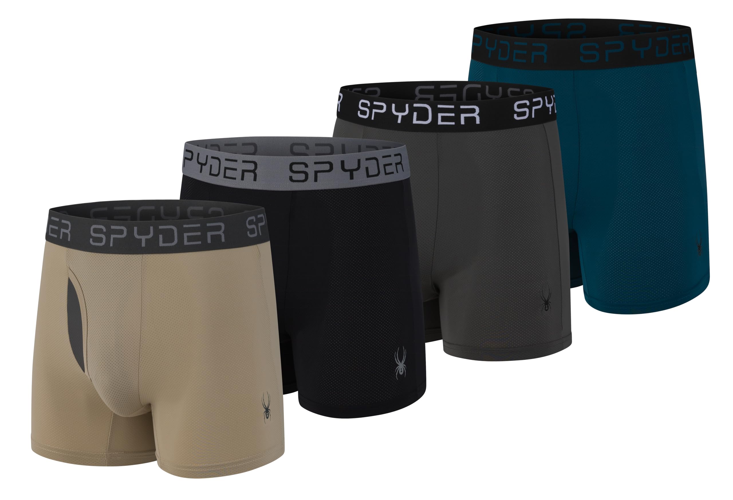 Photo 1 of Spyder Mens Boxer Briefs Performance Nylon Mesh Sports Underwear With Fly Front (Large, Black/Carcoal/Ivory/Navy Teal)