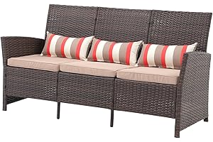 SUNSITT Outdoor Furniture 3 Seats Patio Couch, Outdoor Wicker Sofa, Brown PE Wicker with Beige Cushions & Lumbar Pillows, Porch, Backyard, Pool, Steel Frame
