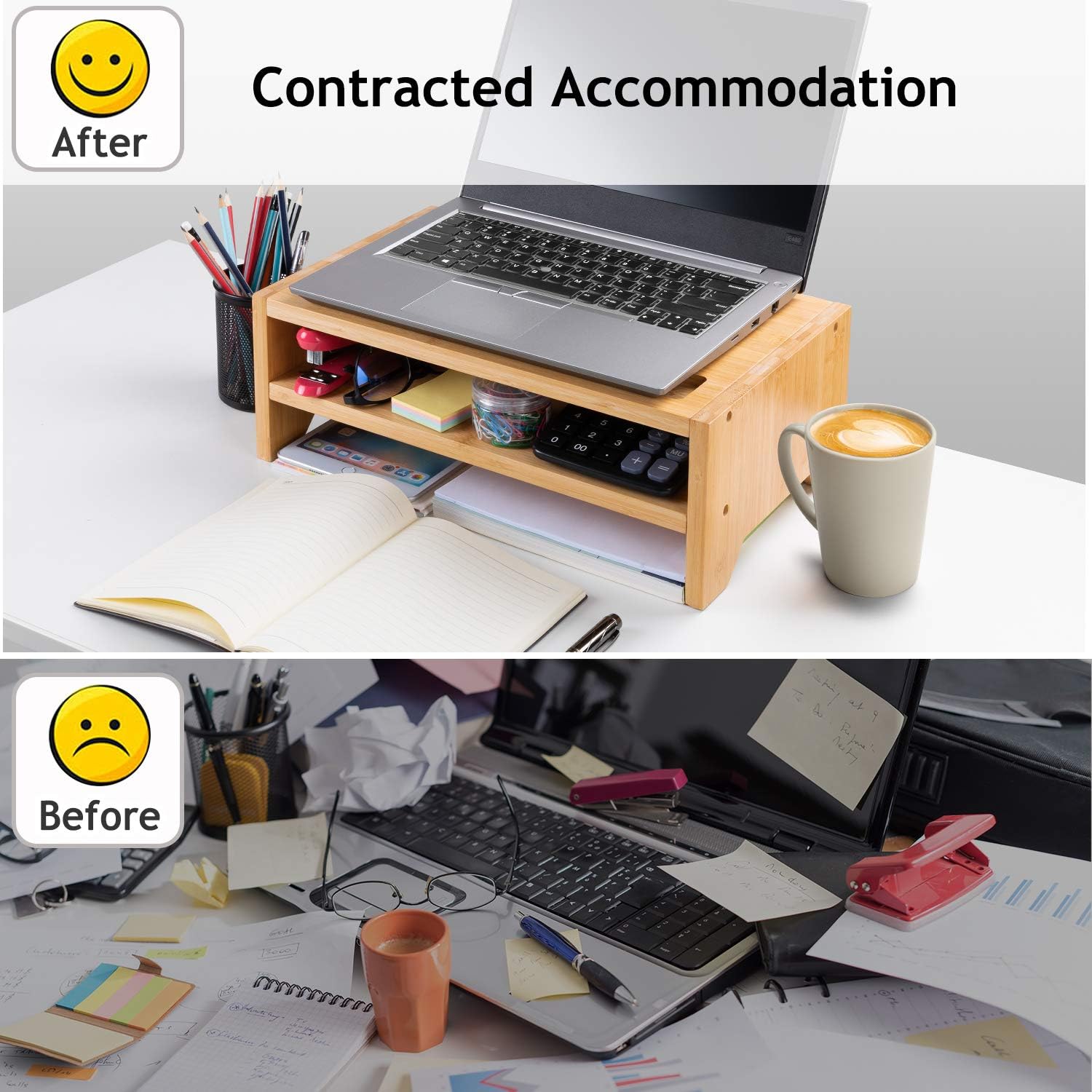 2-Tier Bamboo Desk Monitor Riser Stand - Desk Storage Organizer for Home and Office Computer Desk Laptop Cellphone Printer Stand Desktop Container by AMADA HOMEFURNISHING : Office Products
