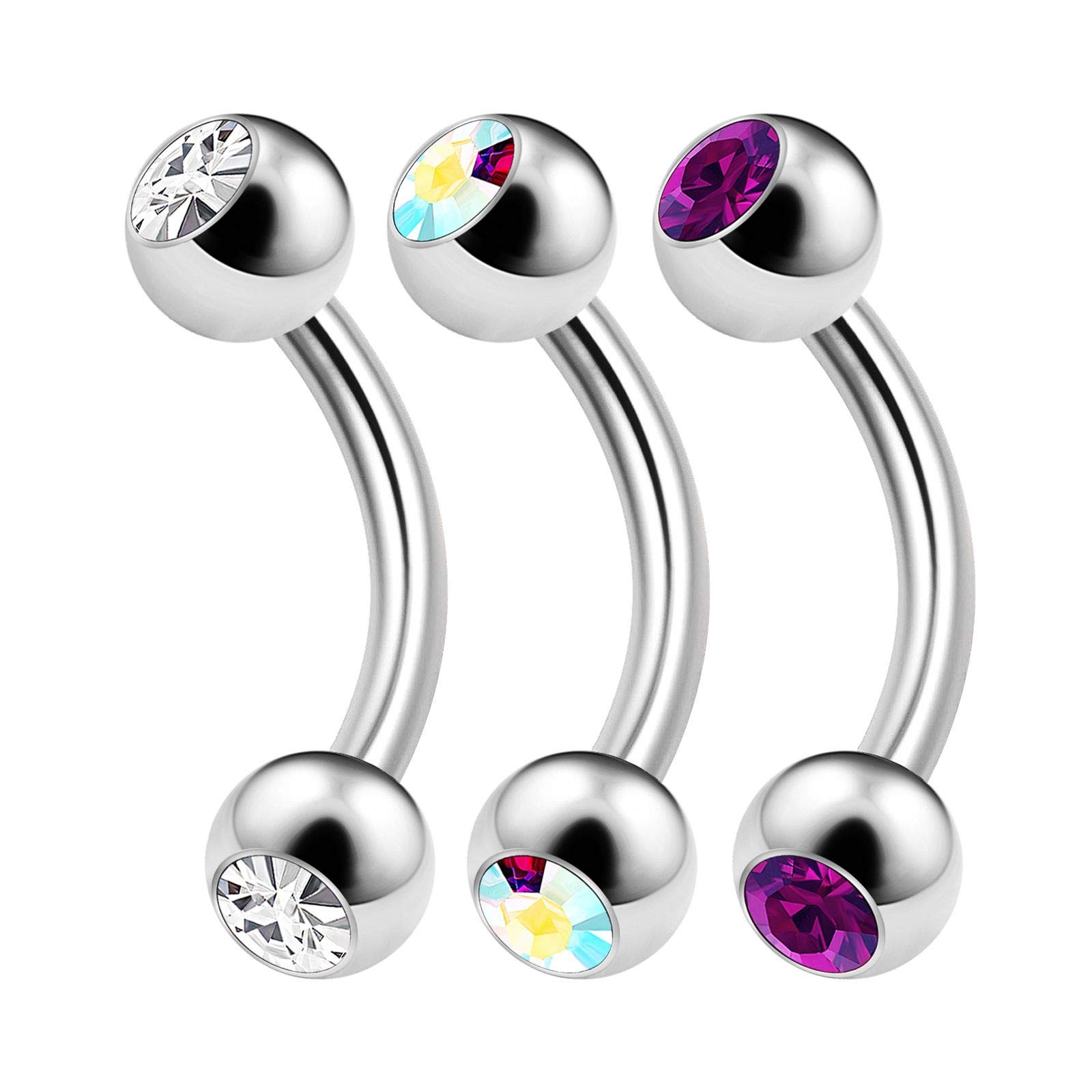 KJM FASHION 3PCS Surgical Steel Curved Barbell Bar 14 Gauge 5/16 8mm 4mm Crystal Ball Snake Bite Earrings Tragus Piercing Jewellery 3279