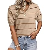 Dokotoo Womens Summer Short Sleeve Knit Tops 2026 Spring Trendy Casual V Neck Striped Sweater Blouses