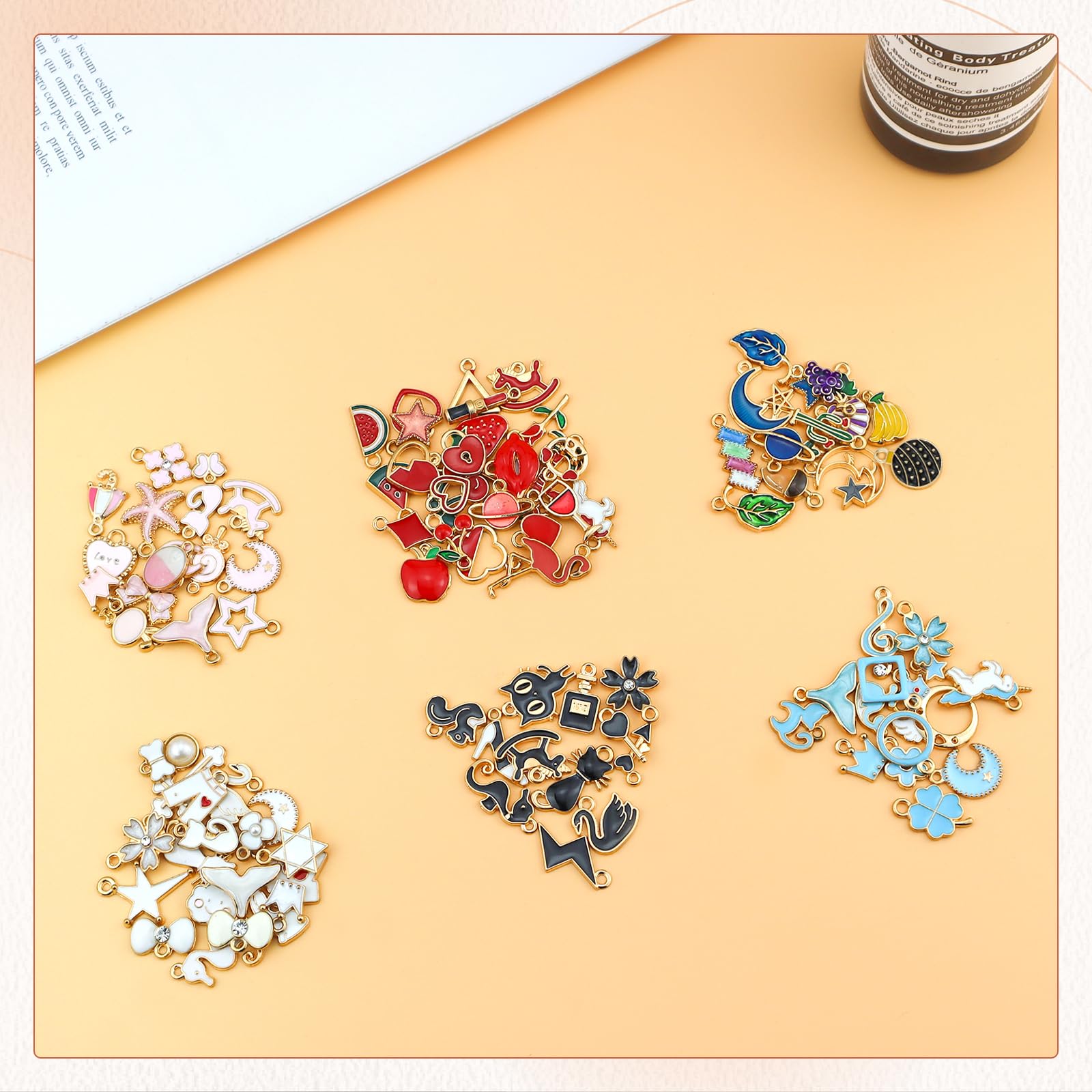 JIALEEY 100PCS Gold Plated Enamel Charms Mixed Moon Star Fruit Animal Charm Colorful Pendant DIY for Necklace Bracelet Jewelry Making and Crafting