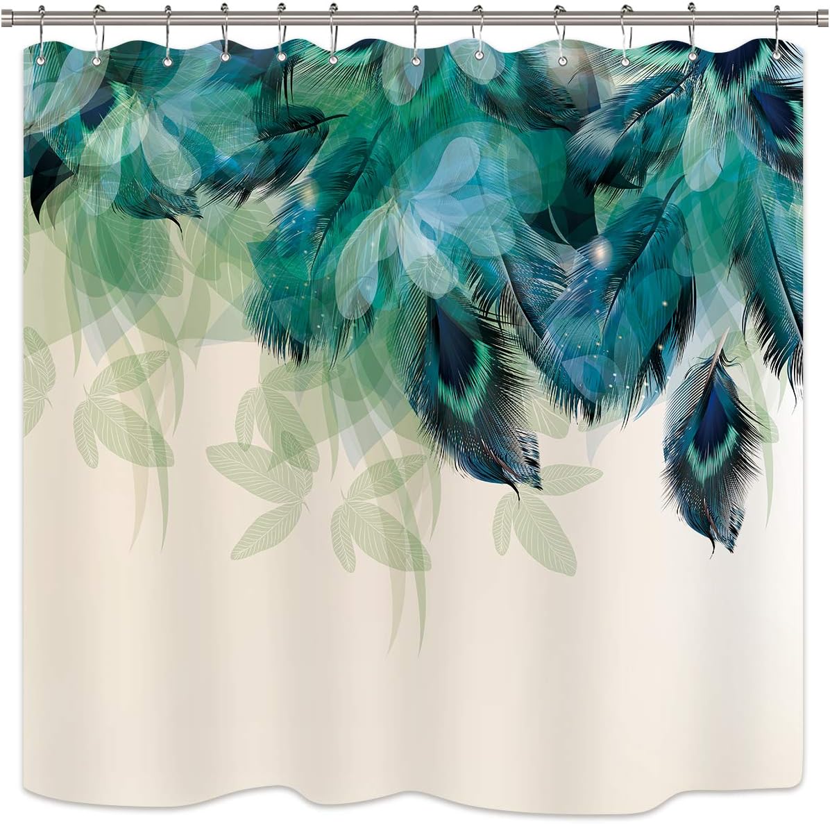 Amazon Com Riyidecor Watercolor Peacock Feather Shower Curtain Teal Blue Turquoise Floral Green Leaf Bathroom Home Decor Set Panel Fabric Woman Waterproof Bathtub 72x72 Inch Included 12 Pack Plastic Shower Hook Home