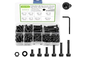 K Kwokker 180PCS M5 Nuts and Bolts Assortment Kit 8mm-25mm, Upgraded Zinc Plated Hex Socket Head Cap Machine Screws 12.9 Alloy Steel M5 Screw Assortment, Bolts and Nuts Kit Black 8/10/12/16/20/25MM