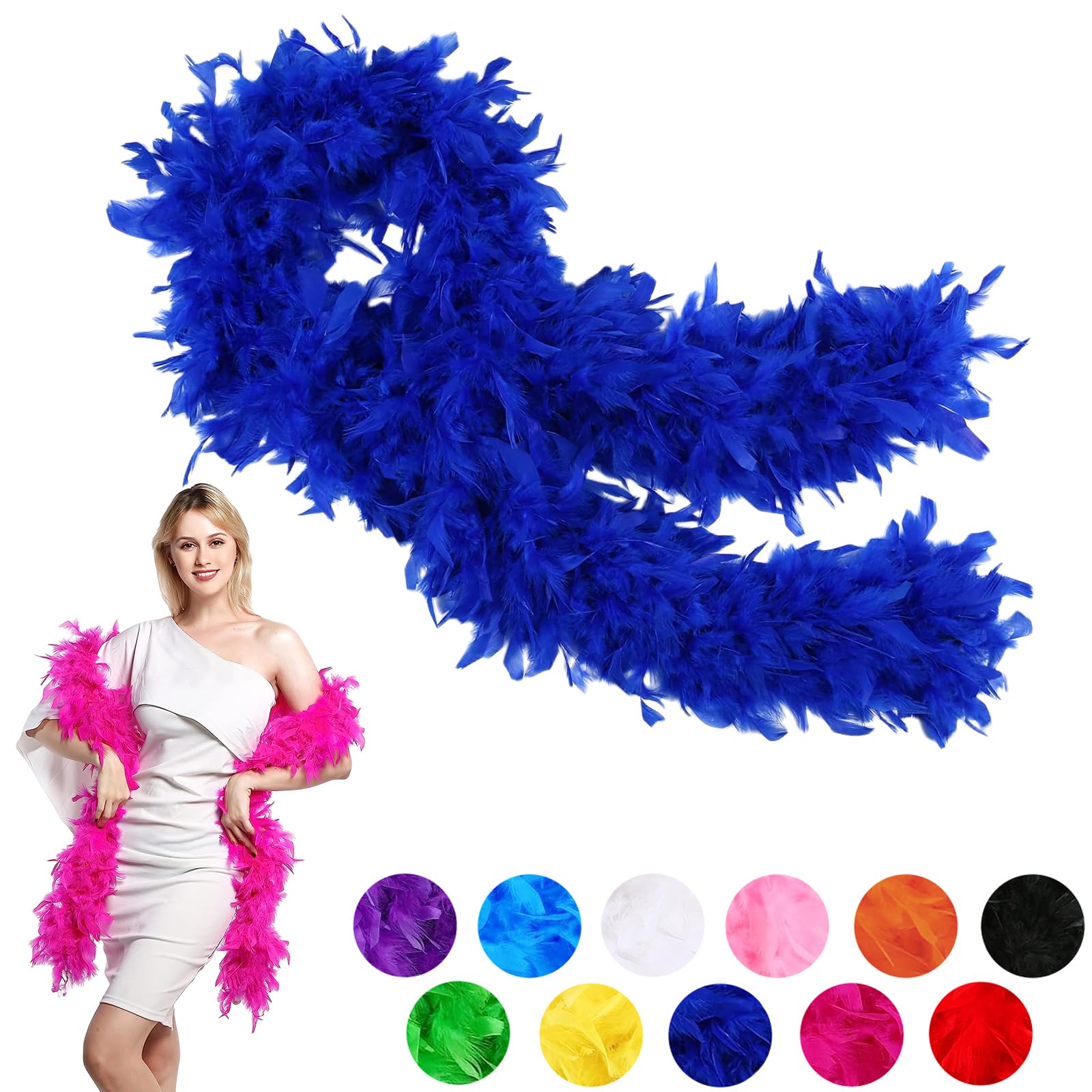 80g Royal Blue Feather Boa Thick Fancy Dress for Adults,Kids,2m/6.6ft Natural Turkey Feather Boa Blue,Party Fluffy Boa Feather Scarffor Bulk for Women,Girls,Wedding Bachelor Halloween Christmas Party