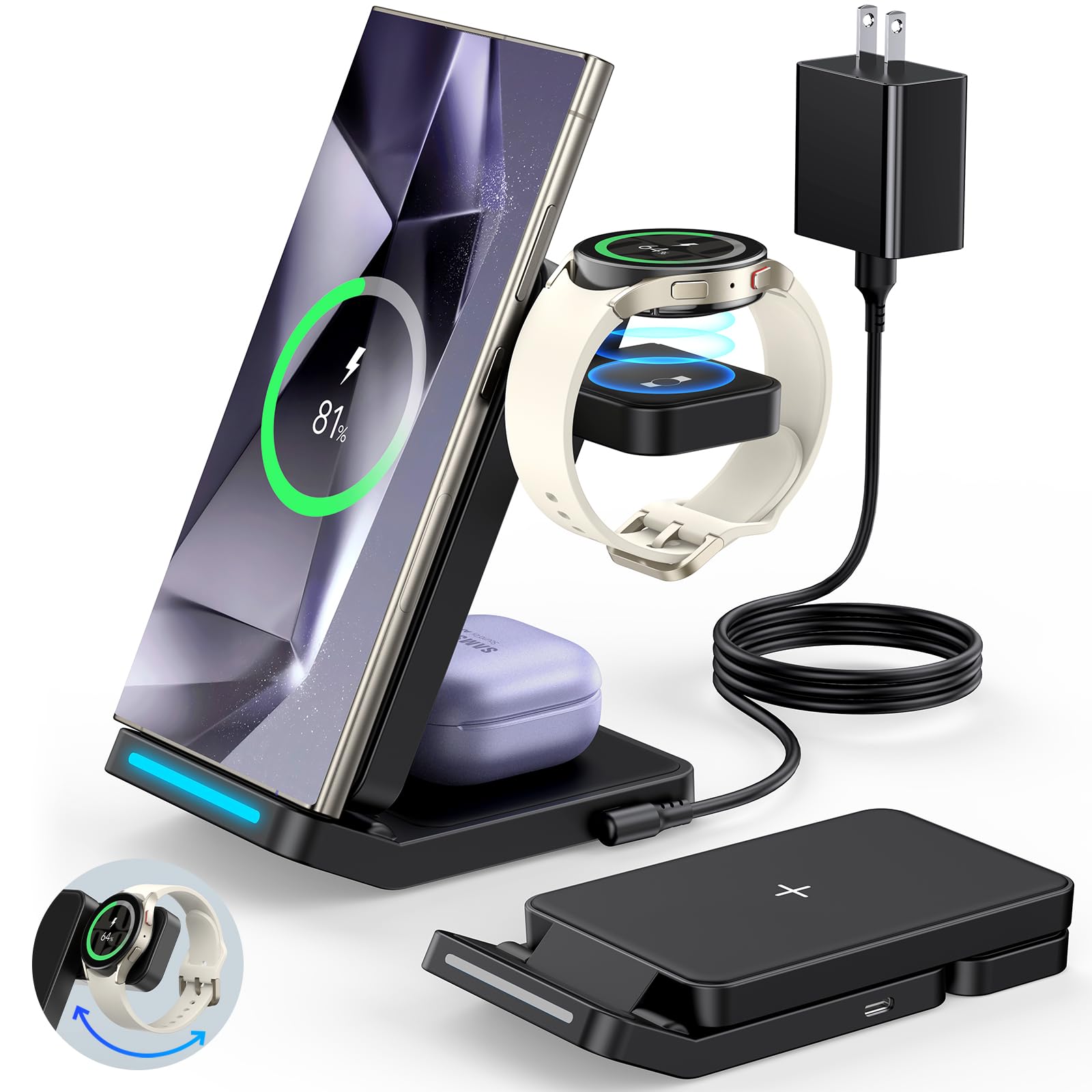 Photo 1 of Foldable Wireless Charger for Samsung, 3 in 1 Fast Wireless Charging Station Stand for Samsung Galaxy S25 Ultra S24/S23/S22/S21/Note/Z Fold 7 ZFlip 7/6/5,Galaxy Watch 8/Ultra/7/6/5, Galaxy Buds, Black