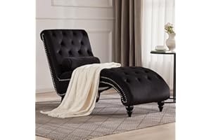 Iroomy Button-Tufted Chaise Lounge Indoor with Solid Wood Leg+Support Pillow, Upholstered Chaise Lounge Chair for Bedroom Living Room Office, Armless Rolled Backrest Leisure Sofa Recliner-Black Velvet