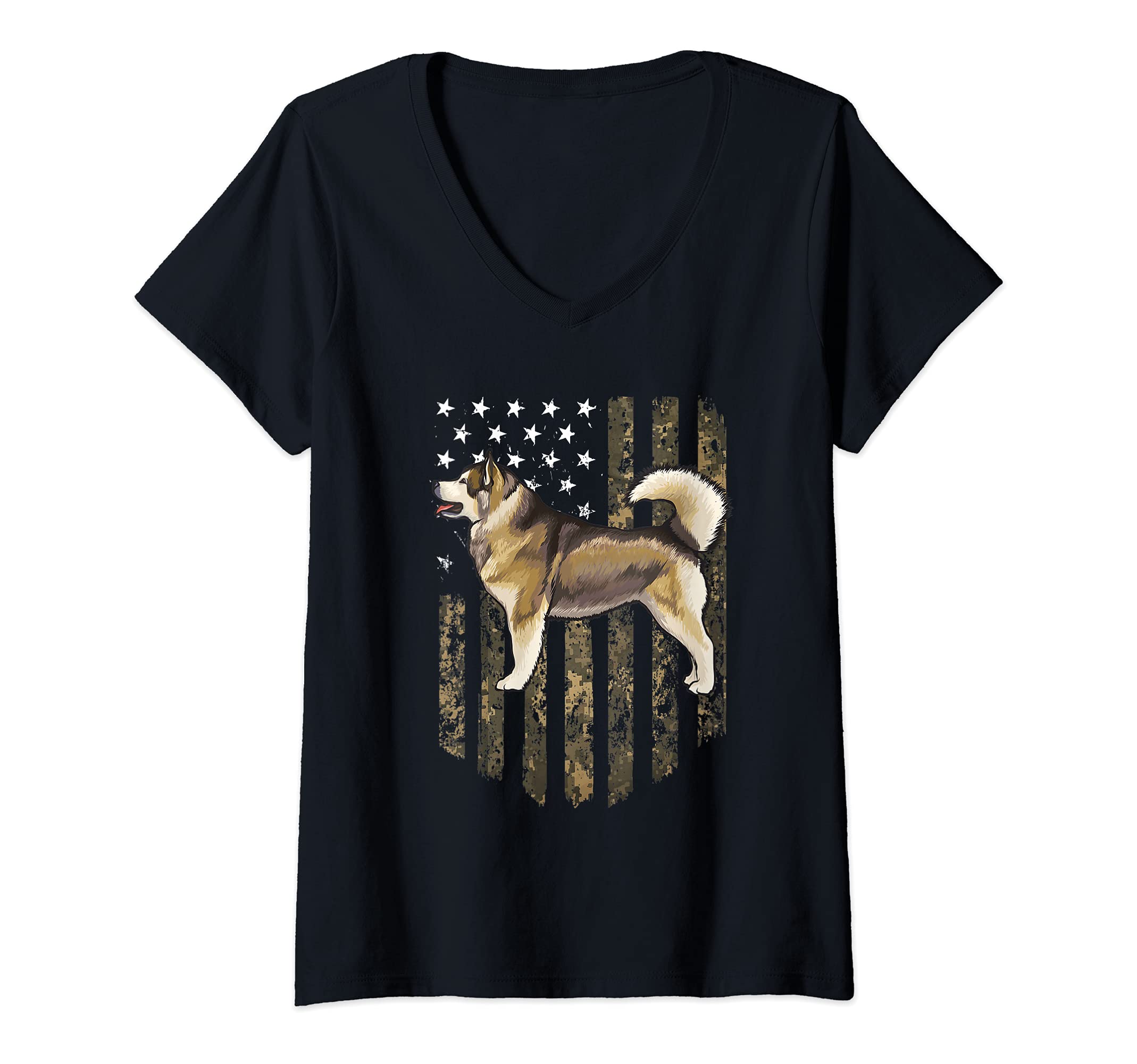 Womens Camo American Flag Alaskan Malamute 4th Of July USA V-Neck T-Shirt
