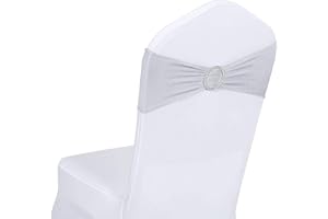 Obstal 50 PCS Spandex Stretch Chair Sashes Bows for Wedding Reception- Universal Elastic Chair Cover Bands with Buckle Slider for Banquet, Party, Hotel Event Decorations Silver Sashes