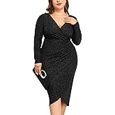 ZOMVA Plus Size 0X-4X Sparkly Glitter Ruched Bodycon Midi Dress Sparkle Sequin Wrap Ruffle Sleeve Dress Cocktail Party Formal