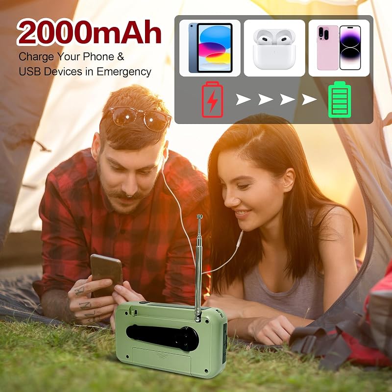Notfall Radio, 3-Wege-Laden Emergency Radios, 2000mAh Akku Kurbelradio Solar Ladegerät Power Bank USB AM/FM-Radio mit SOS-Alarm Kopfhöreranschluss Taschenlampe, Innen Außen Camping Klein Taschenradio — Foto 2 von 7