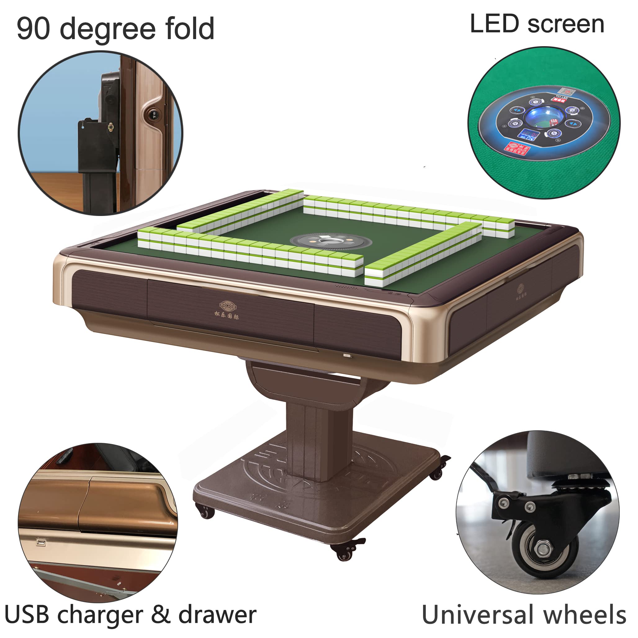 Foldable Ultra-Thin Automatic Mahjong Table with Wheels - Chinese, Filipino and American Style 40mm Numbered Tiles (with Hard Table Cover)